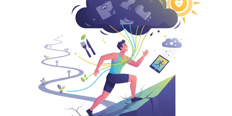 モチベーションが低下したり、目標達成が難しい状況を表すイラスト。それでも前向きに努力を続ける様子が伝わるように。