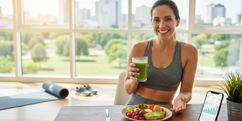 健康的な生活習慣を送り、心身ともに充実した様子を写した写真。笑顔で、達成感や自信が感じられるように。