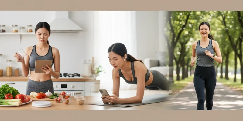 食事管理や運動に取り組む様子を写した写真。最初は戸惑いながらも、徐々に慣れていく様子が伝わるように。