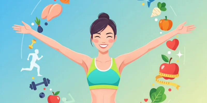 健康的な食生活と運動によってダイエットに成功し、幸せそうな表情の女性が描かれたイラスト。