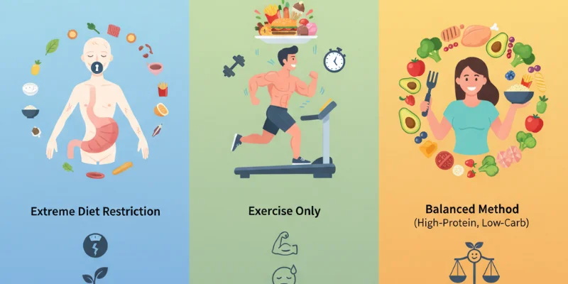 様々なダイエット方法（例：極端な食事制限、運動のみ、今回紹介された方法）をイラストで比較し、それぞれのメリット・デメリットを視覚的に表現。