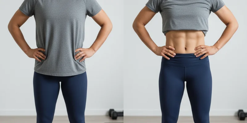 ダイエット開始前と終了後の体型の変化を表す写真。同じ服装で比較できるように撮影されている。