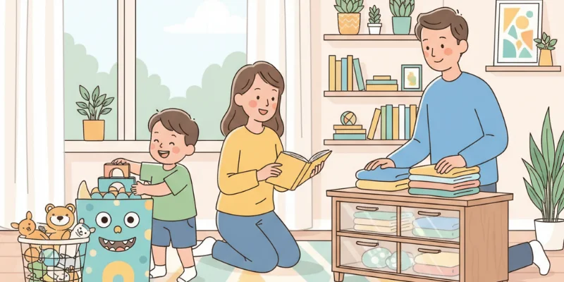 子供が楽しそうに手伝いをし、親が優しく見守っている様子を描いたイラスト