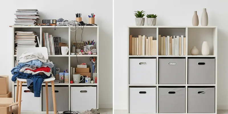 収納前の散らかった状態と、収納後のすっきりとした状態を比較した写真