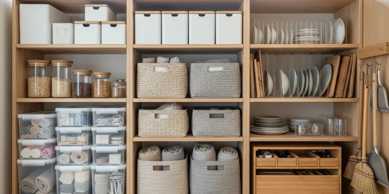 収納前後の比較写真。整理整頓前の散らかった状態と、収納アイテムを使ってすっきり片付いた状態が対比されています。