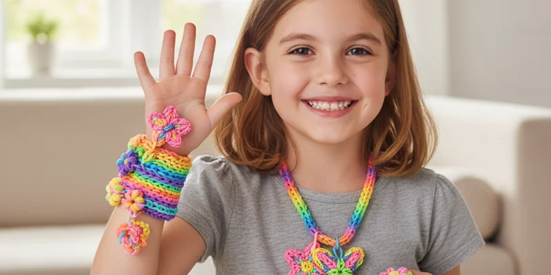 子供が作ったアクセサリーと、それを身につけて嬉しそうに笑っている子供の姿。