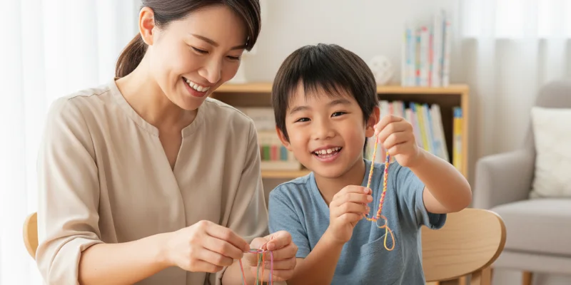 親子で楽しそうに手作りキットを使っている様子。笑顔が印象的。