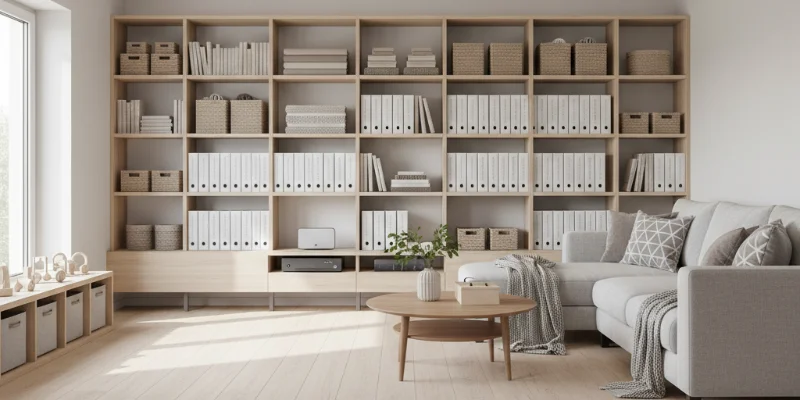 片付いた部屋の様子。すっきりとした空間と、収納されたアイテムが綺麗に整頓されている様子を写す。