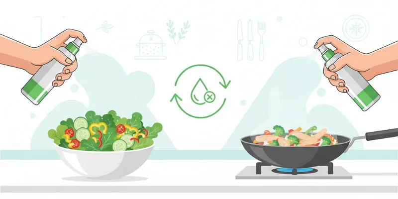 料理中のスプレー式オリーブオイルの使用シーンを描いたイラスト。サラダや炒め物に手軽にオイルをかける様子が描かれている。