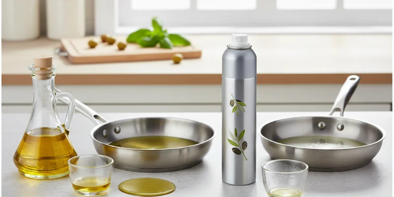 スプレー式オリーブオイルと通常のオリーブオイルの使用量比較写真。使用前後のオリーブオイルの残量を比較する様子を捉えた写真。