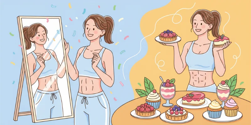 テーブルに並べられた、様々な種類の低カロリー・低糖質のスイーツ。手軽に楽しめるデザートのイメージ。