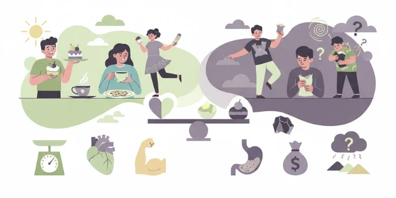 メリットとデメリットを分かりやすく図解したイラスト。メリットは明るく、デメリットは少し暗めの色調で表現されている。