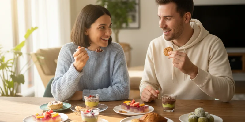 様々な種類のスイーツがテーブルに並べられ、美味しそうに食べている様子を写した写真