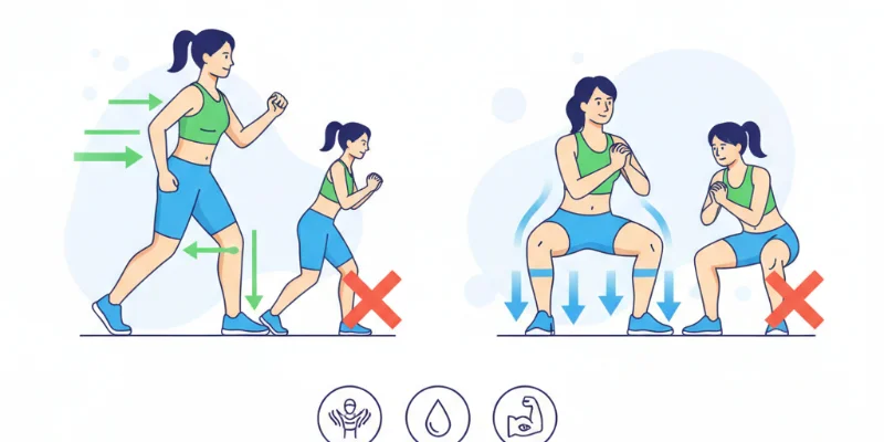 ウォーキングやスクワットを行う際の正しい姿勢や注意点などをイラストで説明。怪我を防ぐためのポイントを分かりやすく表現。