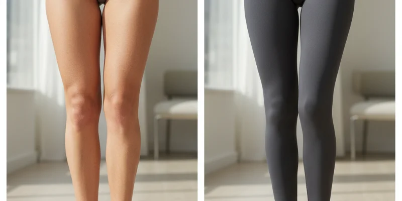 着用前と着用後の脚を比較した写真。変化が分かりやすく、効果を実感できるビジュアル。