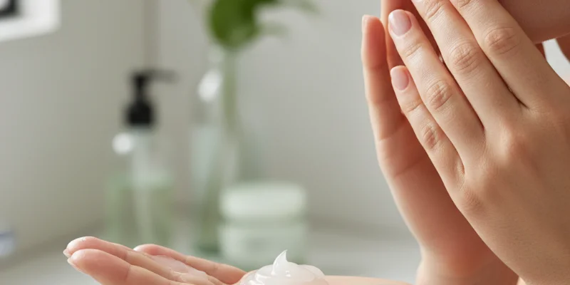 実際にクレンジングを使用している様子を写した写真。手のひらに適量を取り、肌に塗布している様子を、肌の質感やテクスチャーがわかるように撮影する。