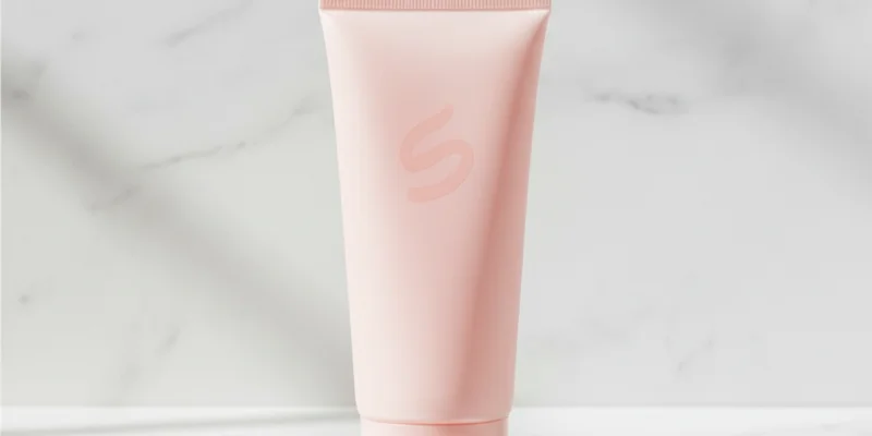 クレンジング製品のパッケージを正面から撮影した写真。淡いピンク色のパッケージと、容器の形状、サイズ感がわかるように撮影する。