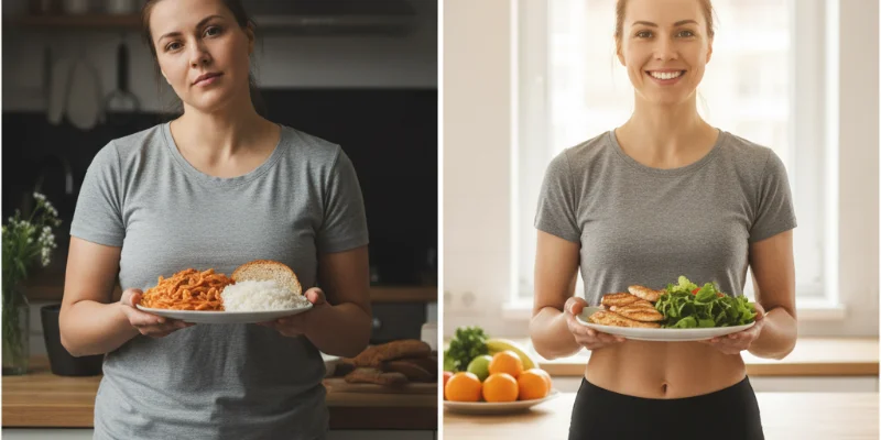 ダイエット前後の比較写真（全身）。健康的で明るい表情の人物写真。