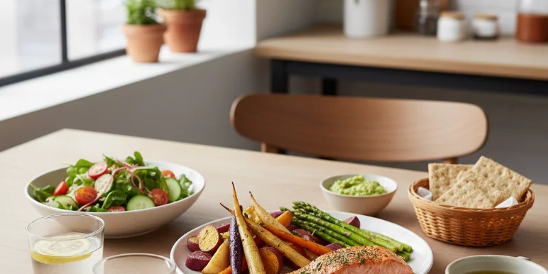 バランスの良い食事の風景写真。健康的で彩り豊かな料理が写っている。