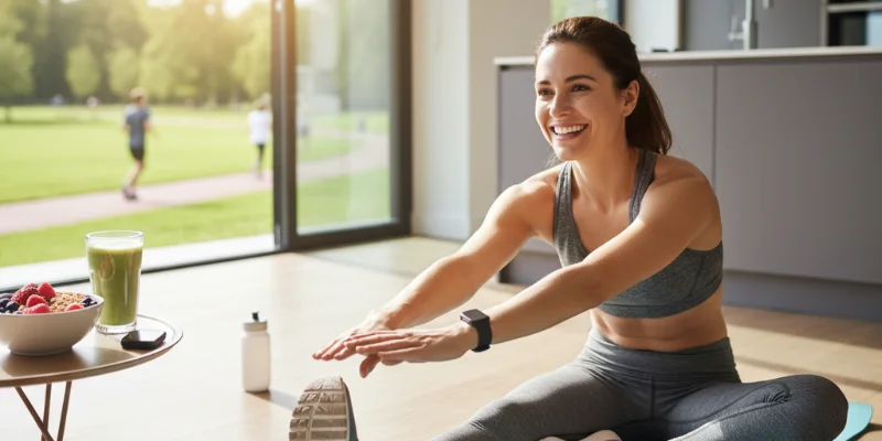 健康的な食事と運動をしている人の写真。笑顔で充実した様子がわかるもの。