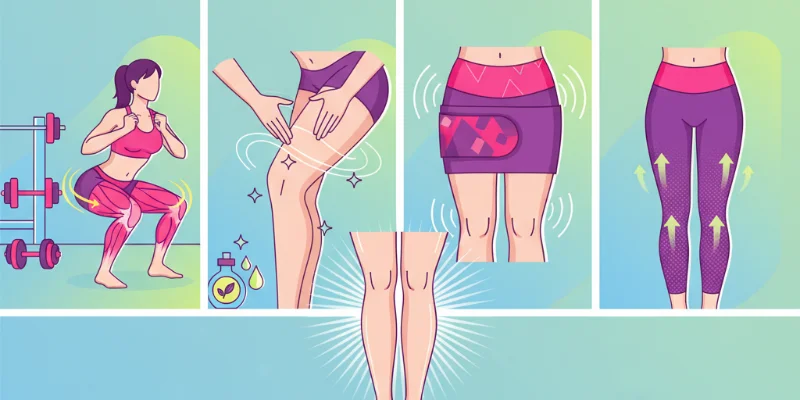 8週間のトレーニングとケアによる太ももの変化比較写真。筋トレ、マッサージ、着圧アイテム使用前後の変化がわかる。