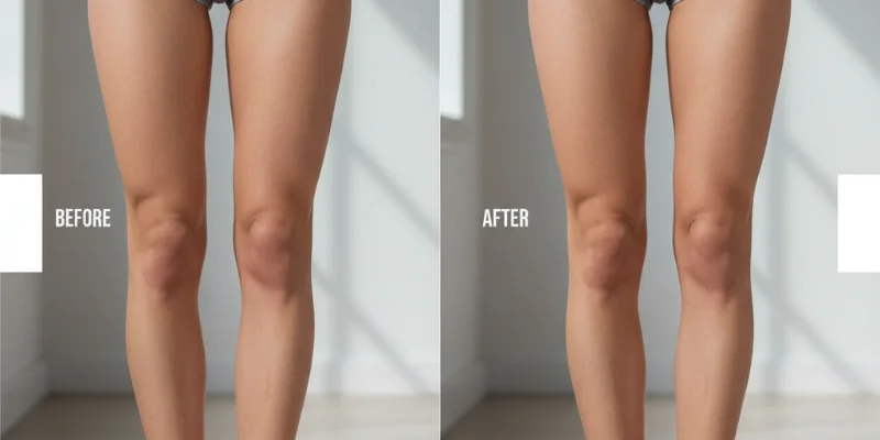 太ももの変化を比較した写真。効果を実感した様子を伝える。