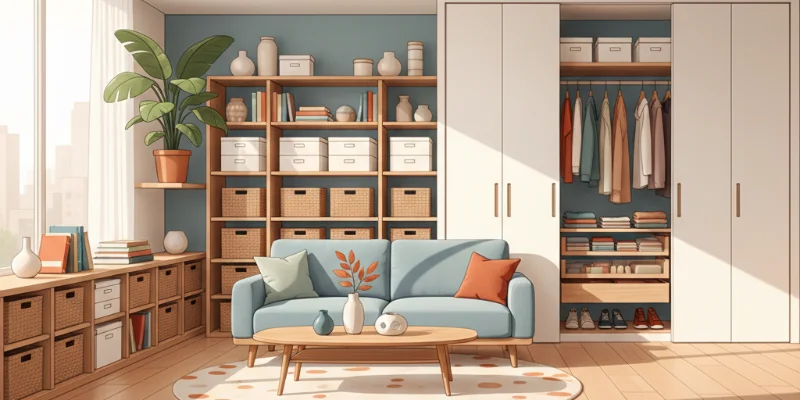 すっきりとした、広々とした空間で、物が整然と収納されている様子。光が差し込み、穏やかな雰囲気の部屋。