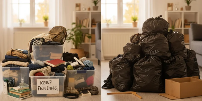 保留ボックスの中身を写した写真と、処分した物の量を示す写真（例：ゴミ袋の山）。