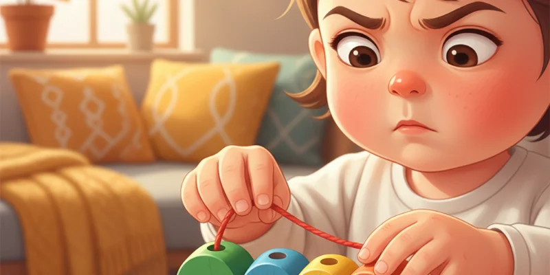 小さな手があおむしのパーツにひもを通しているイラスト。子供の集中した表情がわかるように表現。