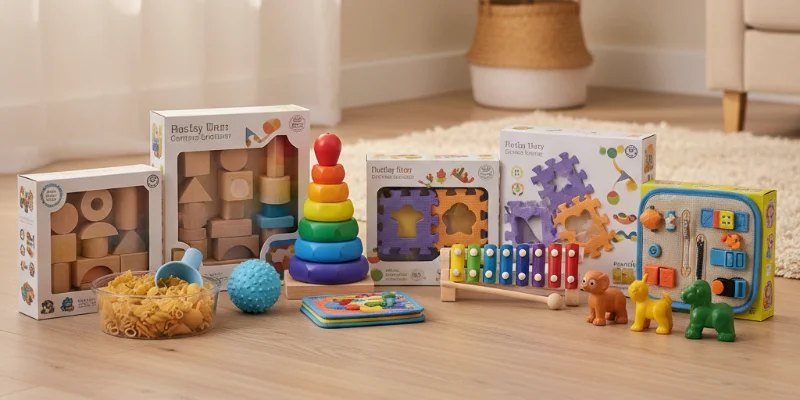 様々な知育玩具が綺麗に並べられている様子。おもちゃの箱やパッケージが見えるように配置。