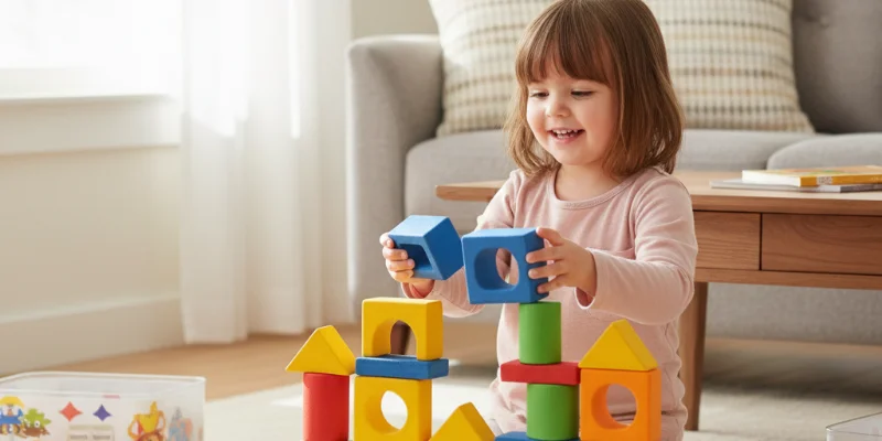 子供がニューブロックで遊んでいる様子。笑顔で創造的に遊んでいる様子を捉える。