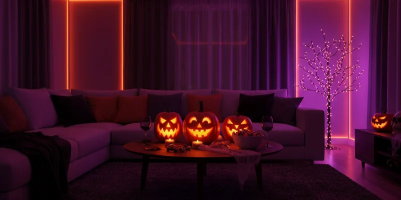 壁に投影された、ハロウィンらしいおばけのアニメーション。リビングで子供が楽しそうに見ている様子が写っています。手軽にハロウィンムードを演出できるプロジェクターライトの実例写真です。