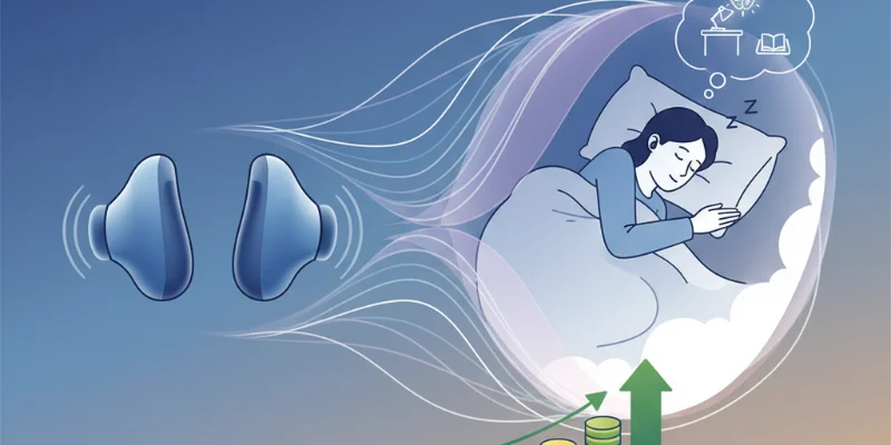 耳栓と、それによって得られる安眠や集中力向上を表すイラスト。コストパフォーマンスの高さを強調するデザイン。