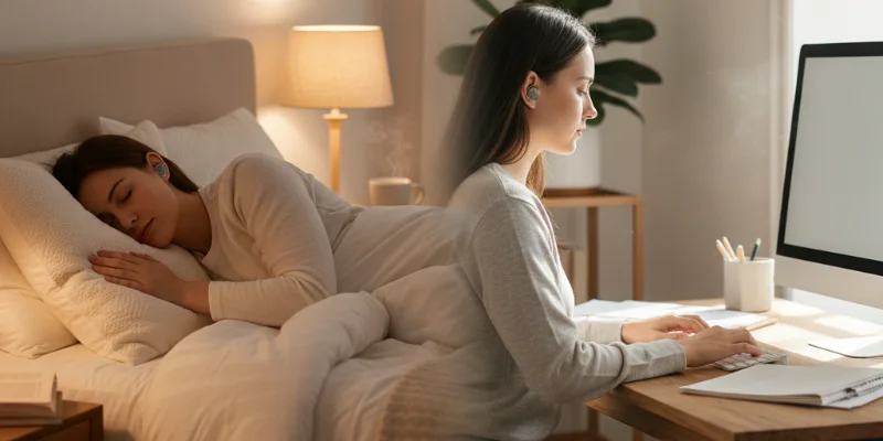 就寝時と在宅ワーク中の両方で耳栓を使用している様子を写した写真。リラックスした雰囲気と集中した雰囲気の両方を表現する。