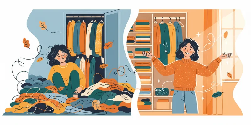 衣替え前後の女性の表情の変化。衣替え前は疲れた表情、衣替え後は晴れやかな表情をしているイラスト。