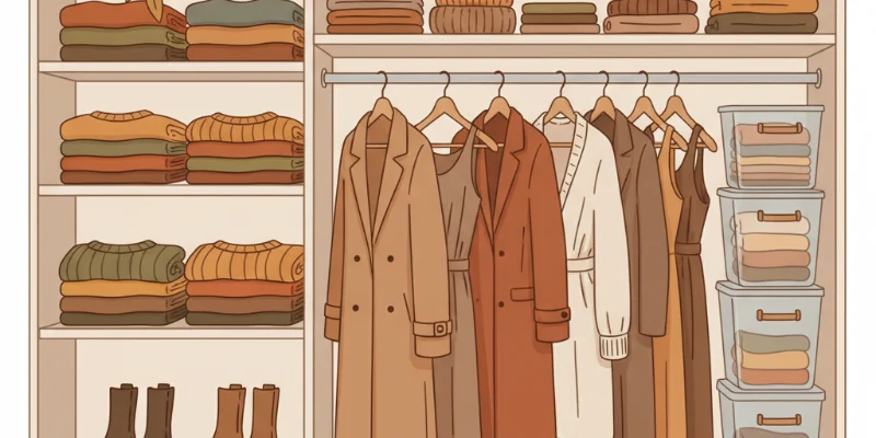 整理されたクローゼット内部の様子。服が綺麗に収納され、空間に余裕がある様子がわかるイラスト。