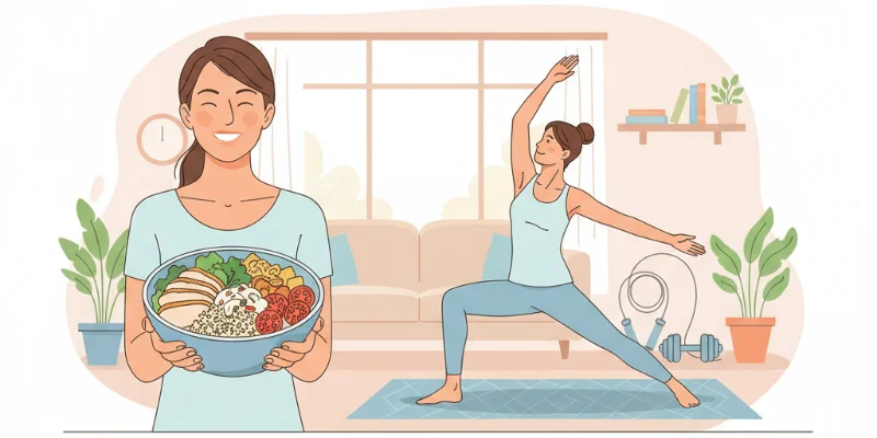 バランスの良い食事と穏やかな運動をしている人物のイラスト。笑顔で健康的な様子がわかるイラスト。