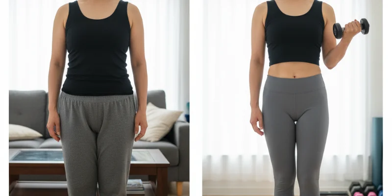 Before & Afterの写真。体重減少と体型の変化がわかるように、同じ服装で撮影された写真。