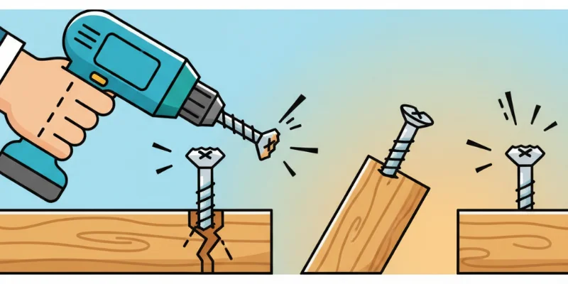 ネジがうまく締まらず、木材が割れたりネジ頭が潰れたりしている様子をイラストで表現。