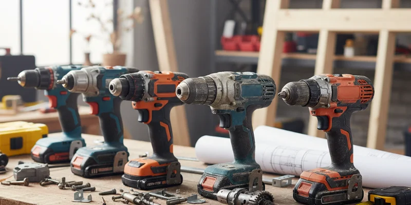 様々な種類の電動ドライバーが作業台に並べられている様子。使用感の異なるドライバーが写っている。