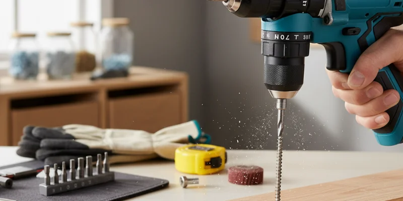 様々なビットやアクセサリーが装着された電動ドライバーが写り、作業中の様子がわかる写真。