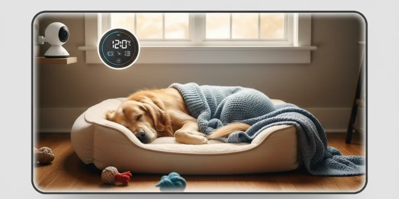 ペットカメラを通して、愛犬が快適に過ごしている様子が見える様子。室温計で温度も確認できている様子がわかる写真。