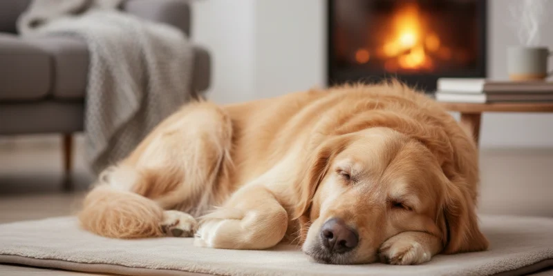 愛犬がホットカーペットの上でリラックスして寝ている様子。暖かく幸せそうな表情がわかる写真。