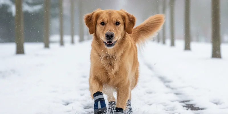愛犬が犬用ブーツを履いて元気に外を歩いている様子。雪や雨の日でも快適そうに歩いている様子がわかる写真。