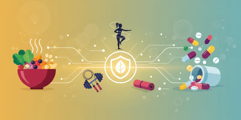 食事、運動、サプリメントをバランスよく組み合わせることで健康が促進される様子をイラストで表現。