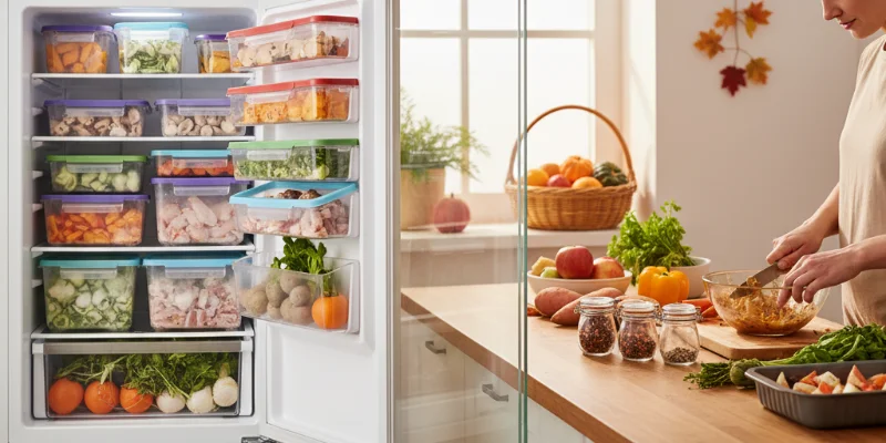 冷蔵庫に綺麗に並べられた冷凍保存された食材と、調理中の様子を写した写真。温かい家庭的な雰囲気を演出する。