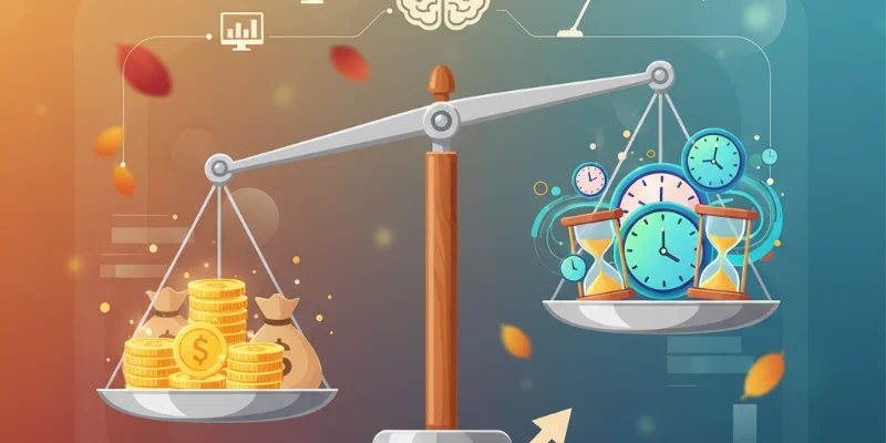 お金のイラストと時間のイラストが天秤で釣り合っている様子。時間の価値が高まっていることを示唆。