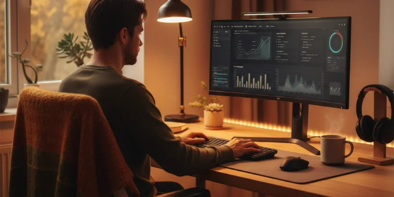 暖色系の照明が優しく照らすデスクで、作業に集中する人物の後ろ姿。快適で集中できる空間が感じられるように。