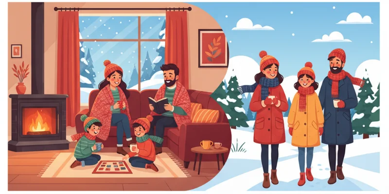 暖炉のある温かいリビングでくつろぐ家族の姿、または、暖かく着込んだ人物が笑顔で散歩をしている様子