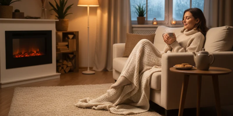 暖かく灯りが灯った部屋でくつろいでいる様子、または、温かい飲み物でリラックスしている様子